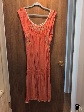 Solstice Coral Maxi Drop Waist Dress with Floral Embroidery